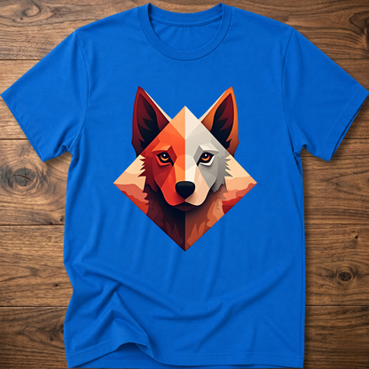 Royal blue dog t-shirt with colorful geometric husky face graphic at center chest