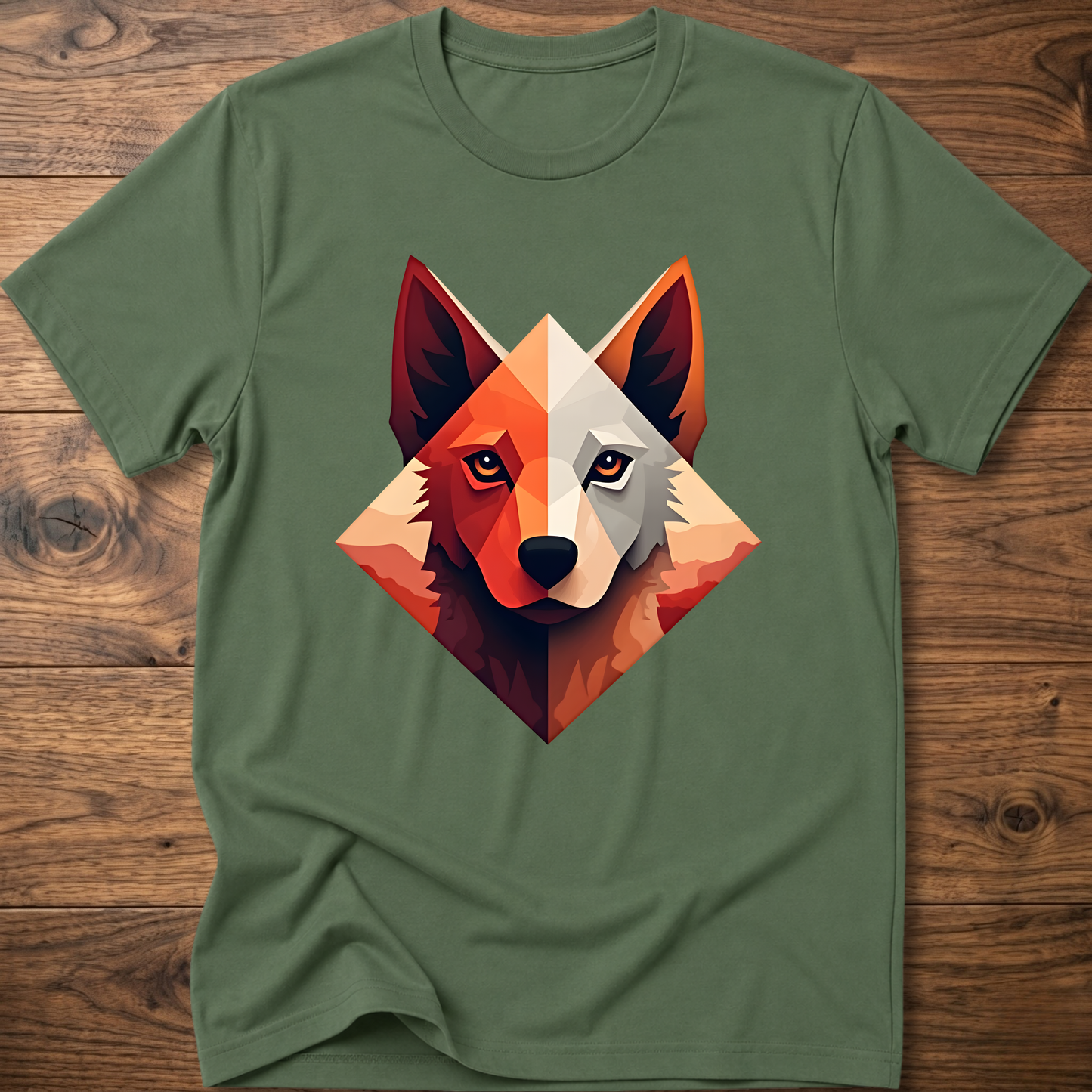 Green dog t-shirt with colorful geometric husky face graphic at center chest
