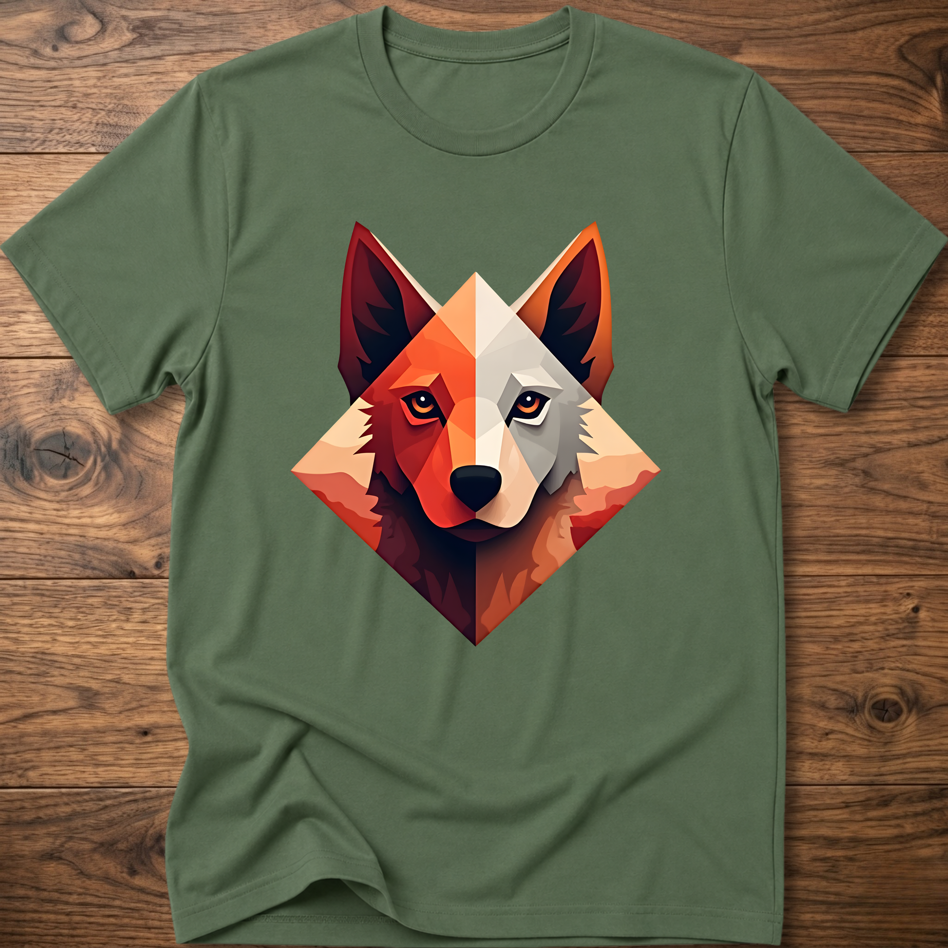 Green dog t-shirt with colorful geometric husky face graphic at center chest