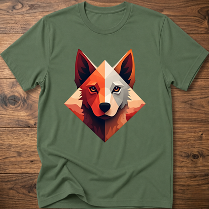 Green dog t-shirt with colorful geometric husky face graphic at center chest