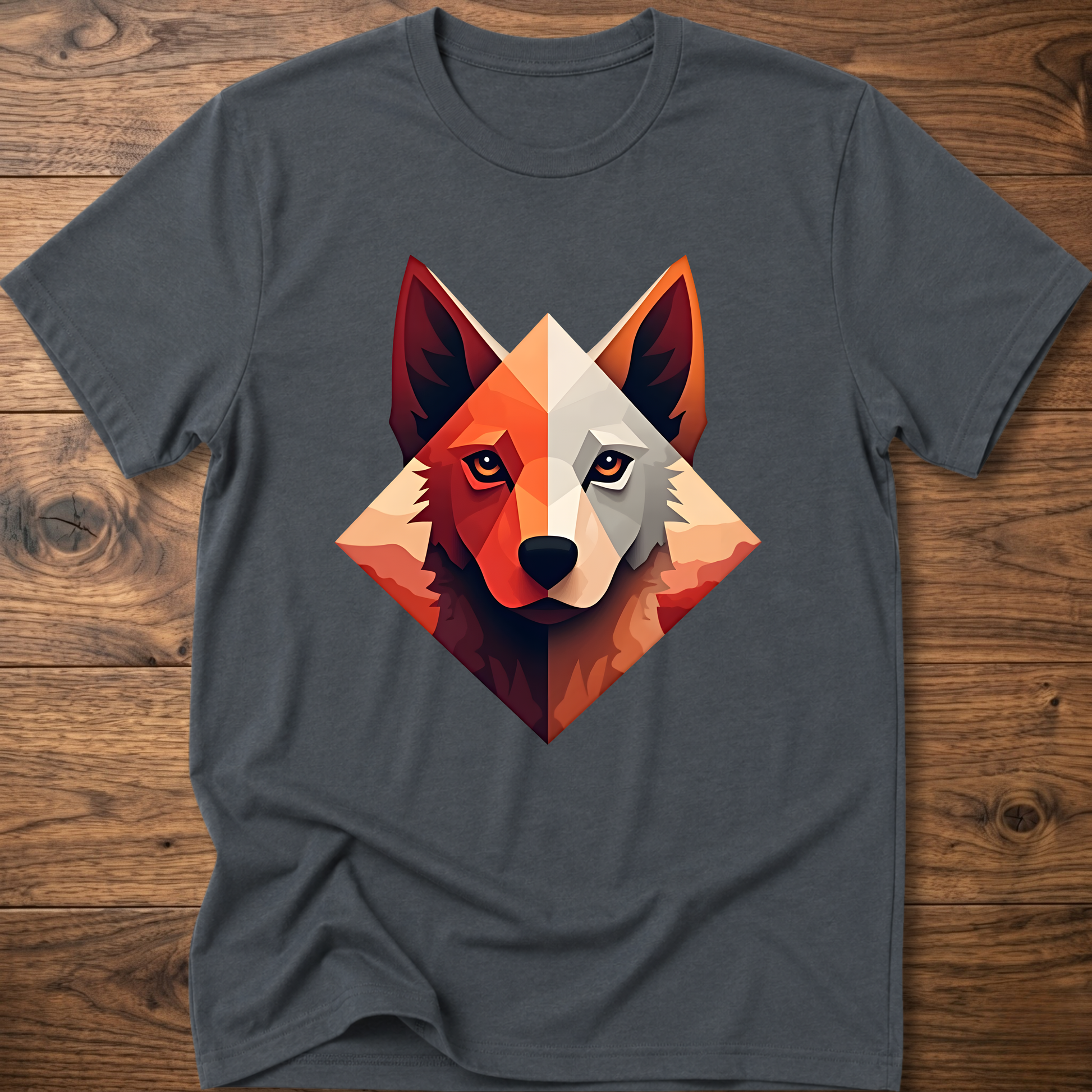Charcoal gray dog t-shirt with colorful geometric husky face graphic at center chest