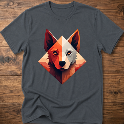 Charcoal gray dog t-shirt with colorful geometric husky face graphic at center chest