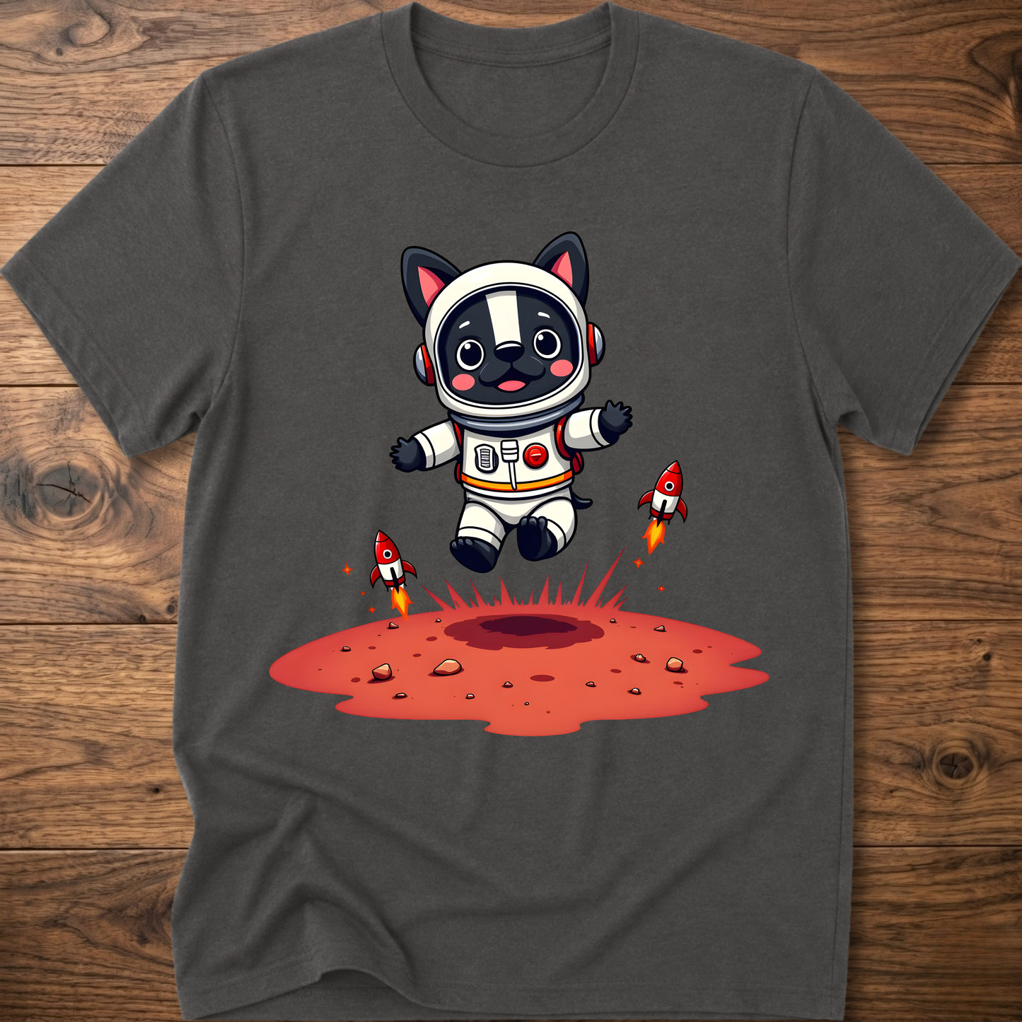 Dark gray crew neck T-shirt with astronaut dog and rocket splash graphic on chest