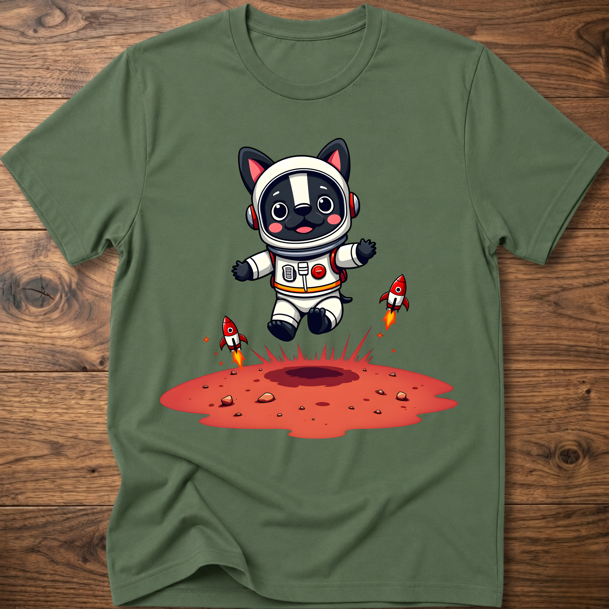 Green crew neck T-shirt with astronaut dog and rocket splash graphic on chest