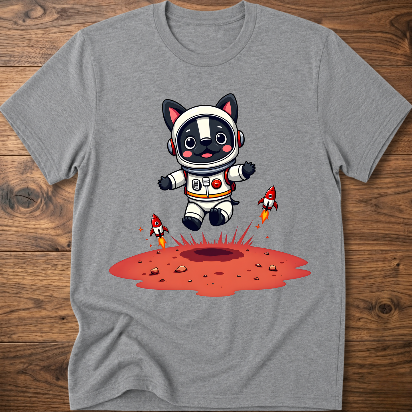 Heather gray crew neck T-shirt with astronaut dog and rocket splash graphic on chest