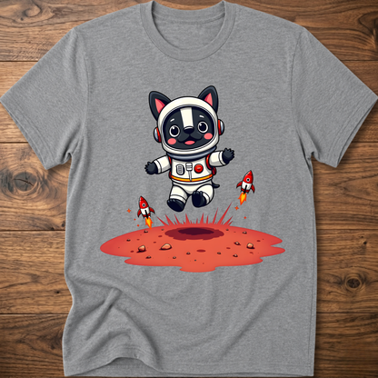 Heather gray crew neck T-shirt with astronaut dog and rocket splash graphic on chest