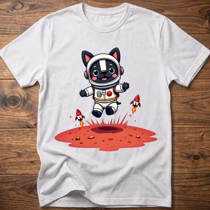 White crew neck T-shirt with astronaut dog and rocket splash graphic on chest