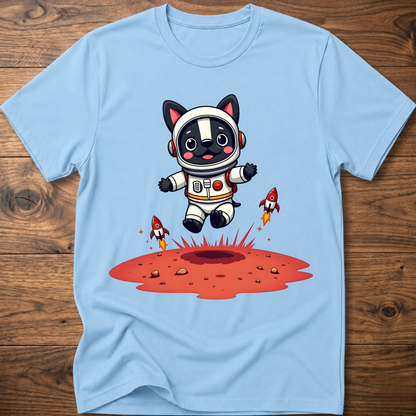 Light blue crew neck T-shirt with astronaut dog and rocket splash graphic on chest