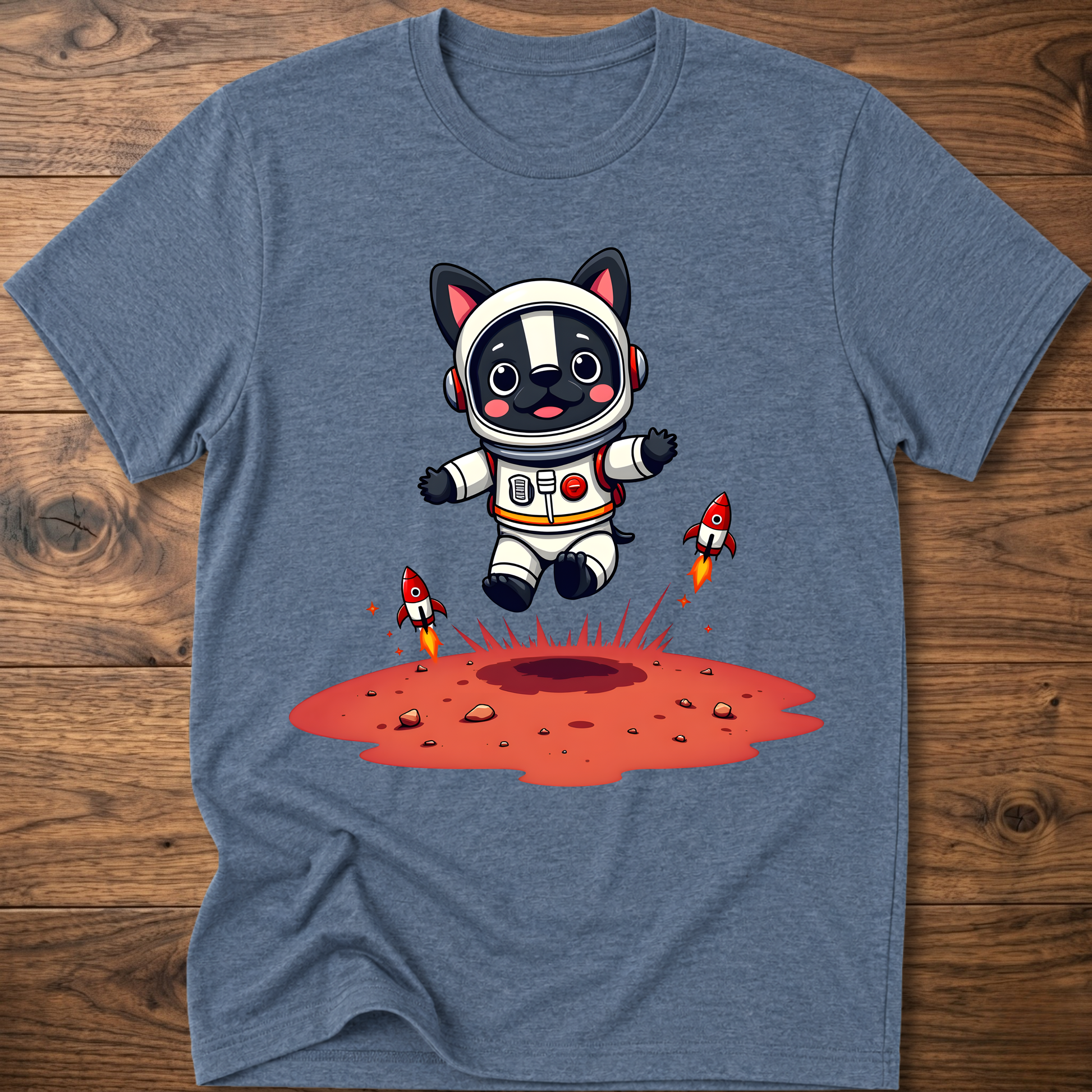 Heather blue crew neck T-shirt with astronaut dog and rocket splash graphic on chest