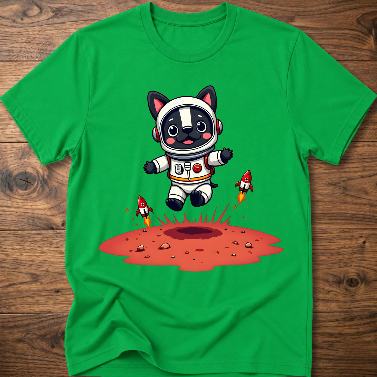 Bright green crew neck T-shirt with astronaut dog and rocket splash graphic on chest