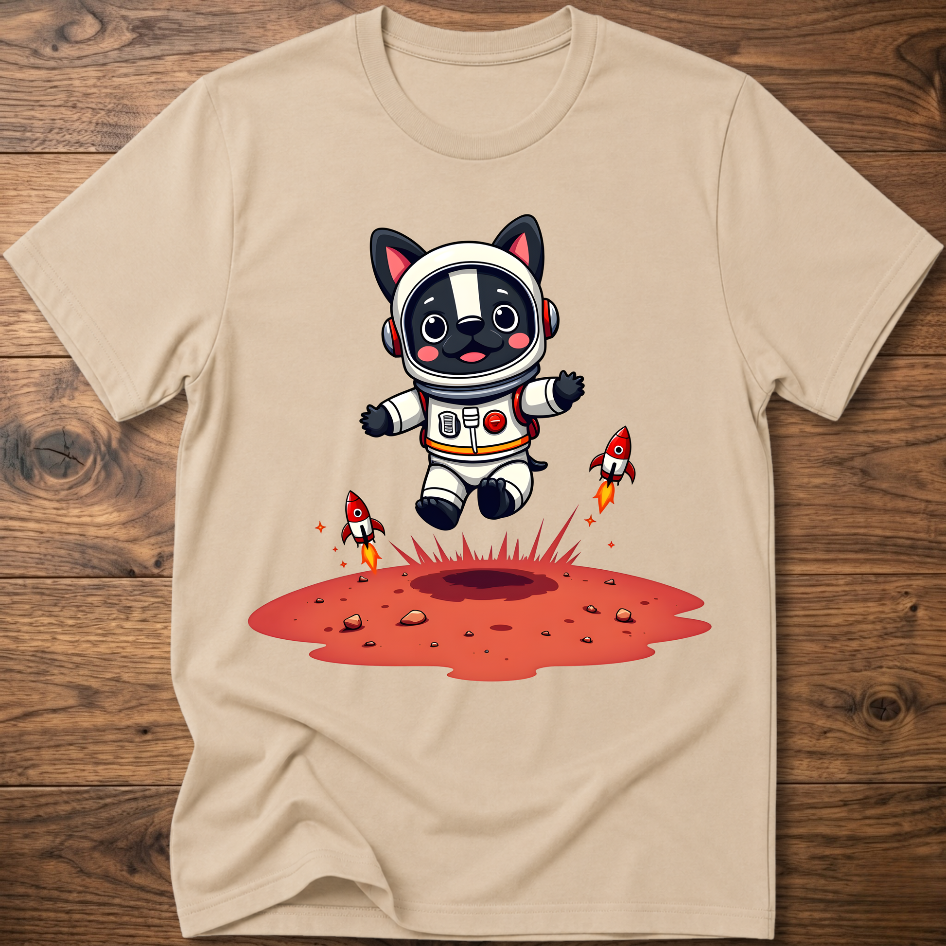 Beige crew neck T-shirt with astronaut dog and rocket splash graphic on chest