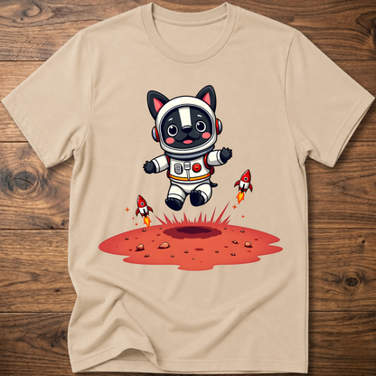 Beige crew neck T-shirt with astronaut dog and rocket splash graphic on chest