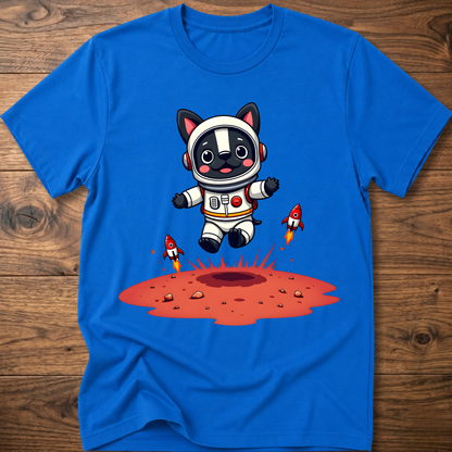 Blue crew neck T-shirt with astronaut dog and rocket splash graphic on chest