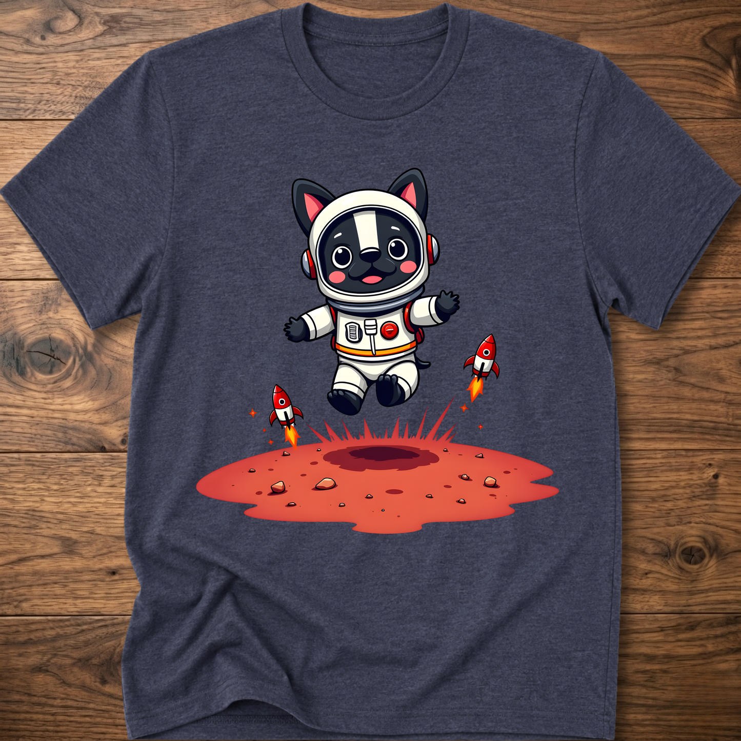 Navy heather crew neck T-shirt with astronaut dog and rocket splash graphic on chest