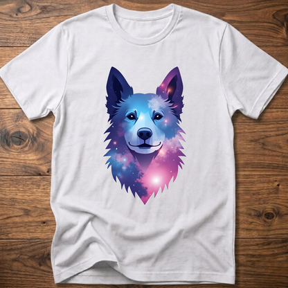 White t-shirt with colorful geometric husky head front graphic