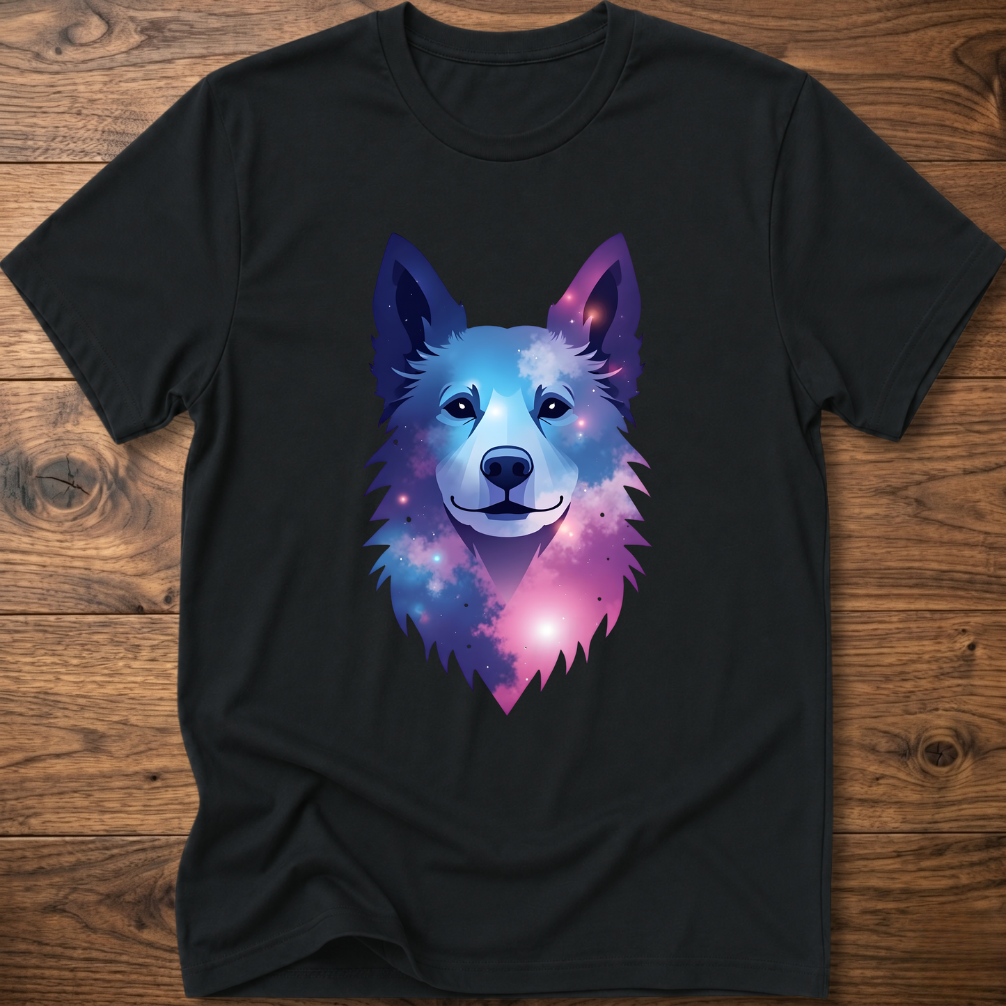 Black t-shirt with colorful geometric husky head front graphic