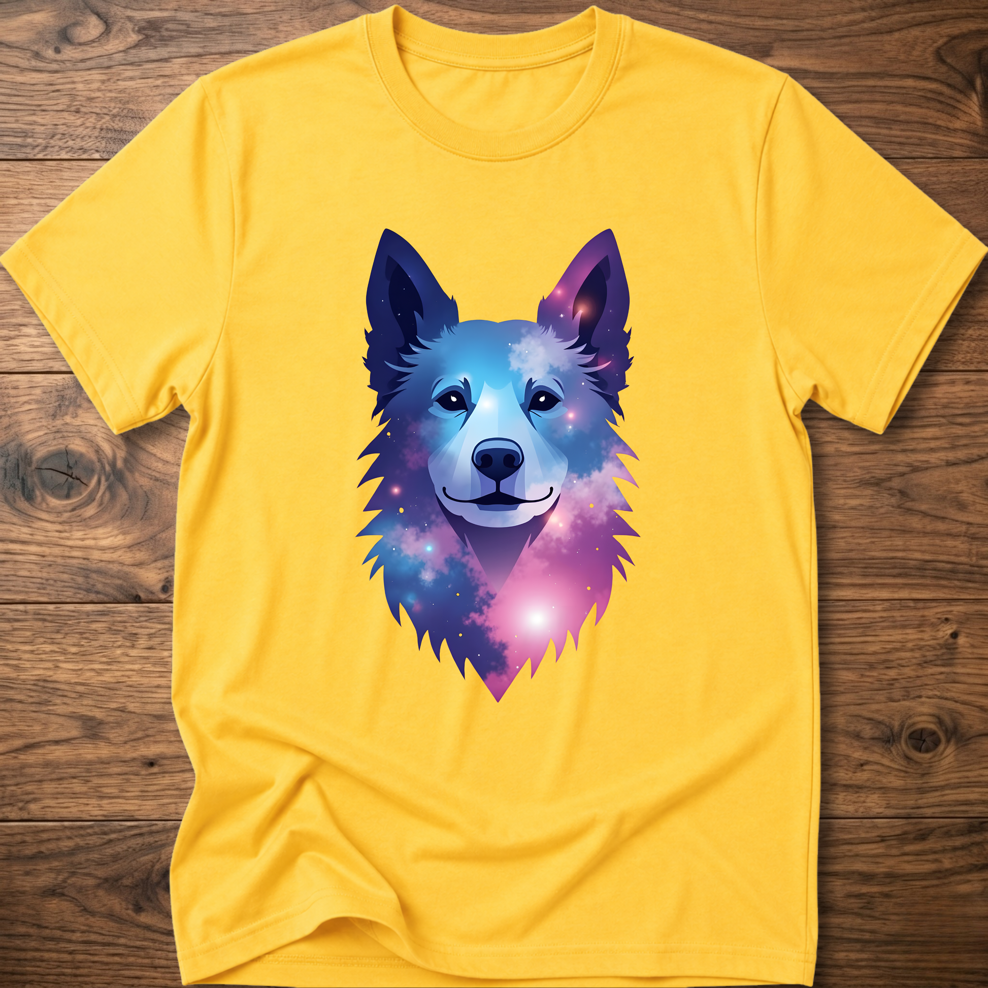 Daisy yellow t-shirt with colorful geometric husky head front graphic