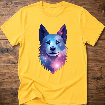 Daisy yellow t-shirt with colorful geometric husky head front graphic