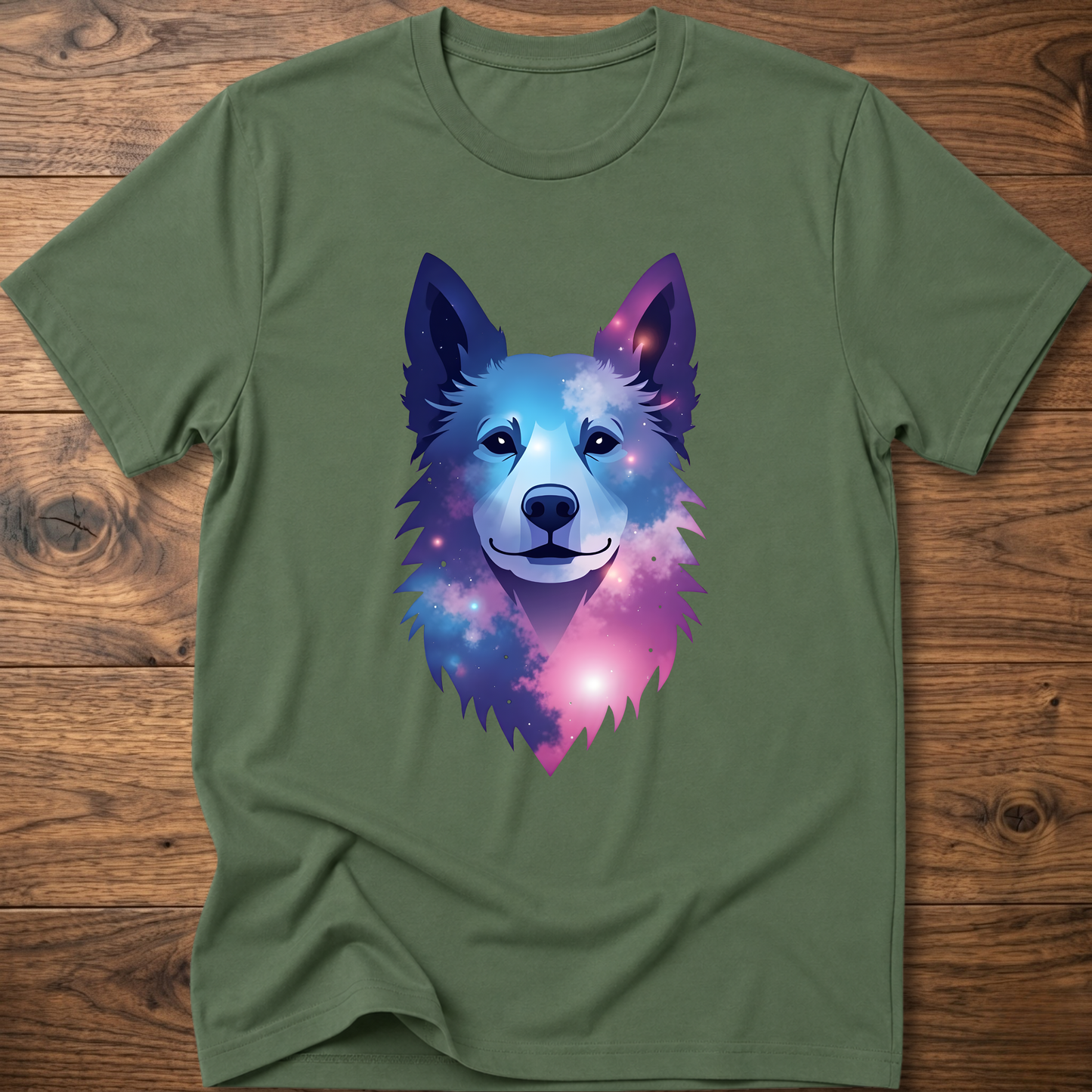 Military green t-shirt with colorful geometric husky head front graphic