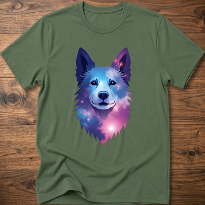 Military green t-shirt with colorful geometric husky head front graphic