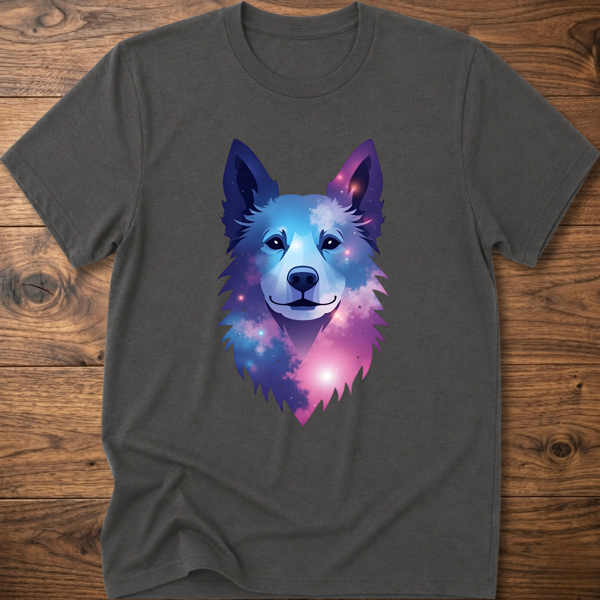 Charcoal t-shirt with colorful geometric husky head front graphic