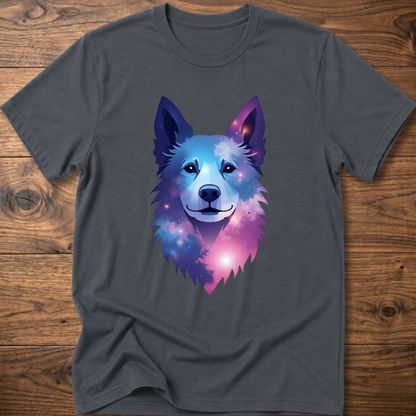 Dark heather t-shirt with colorful geometric husky head front graphic