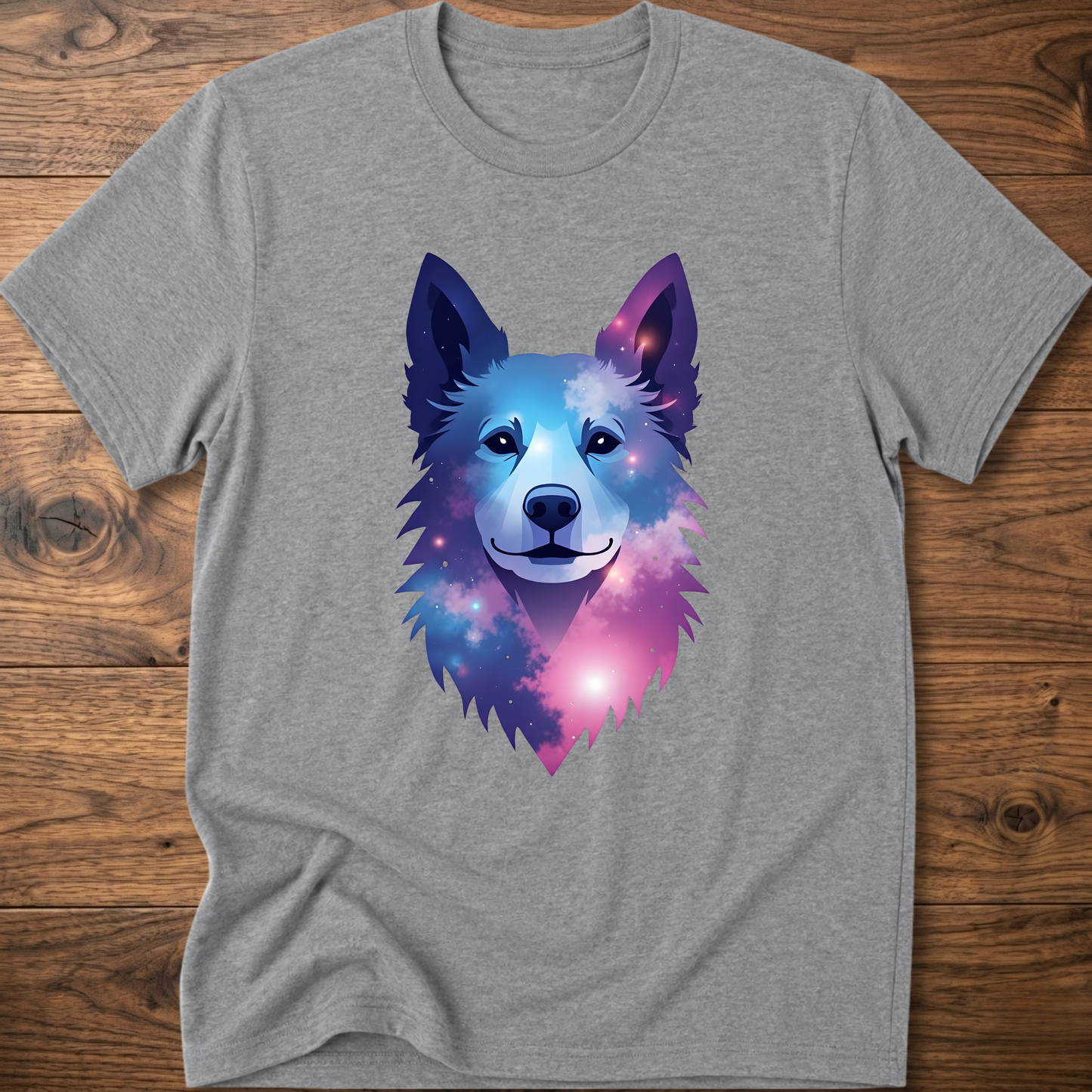 Sport grey t-shirt with colorful geometric husky head front graphic