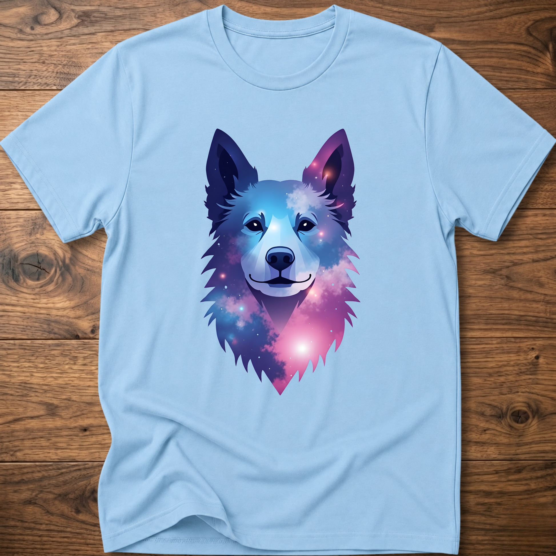 Light blue t-shirt with colorful geometric husky head front graphic