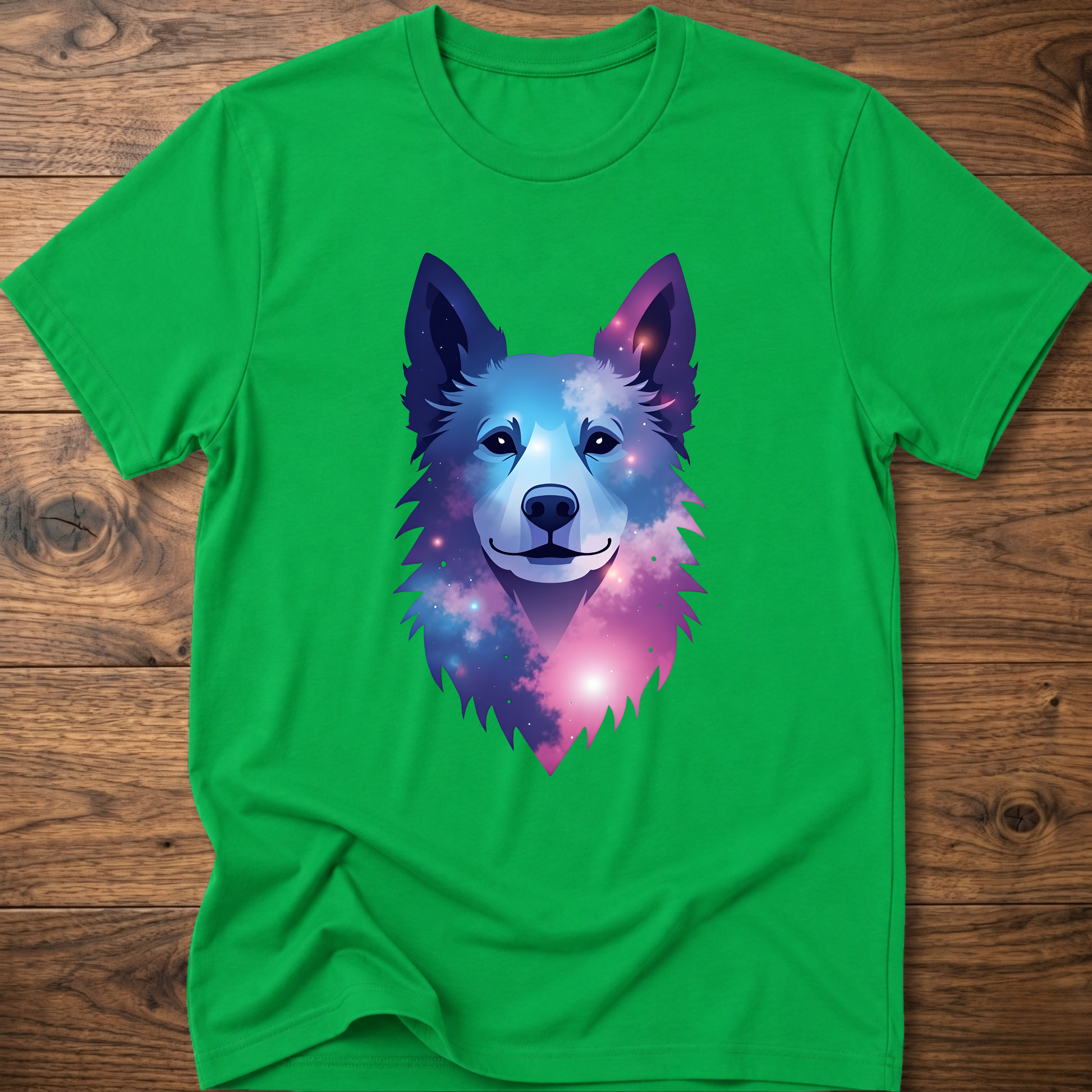 Irish green t-shirt with colorful geometric husky head front graphic