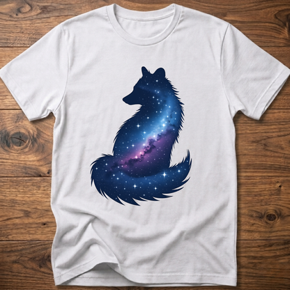 White t-shirt with galaxy wolf graphic on front