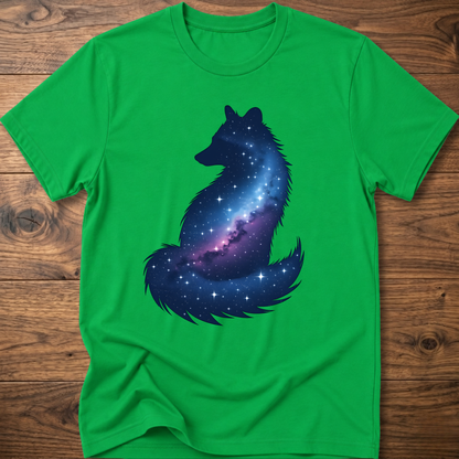 Green t-shirt with galaxy wolf graphic on front