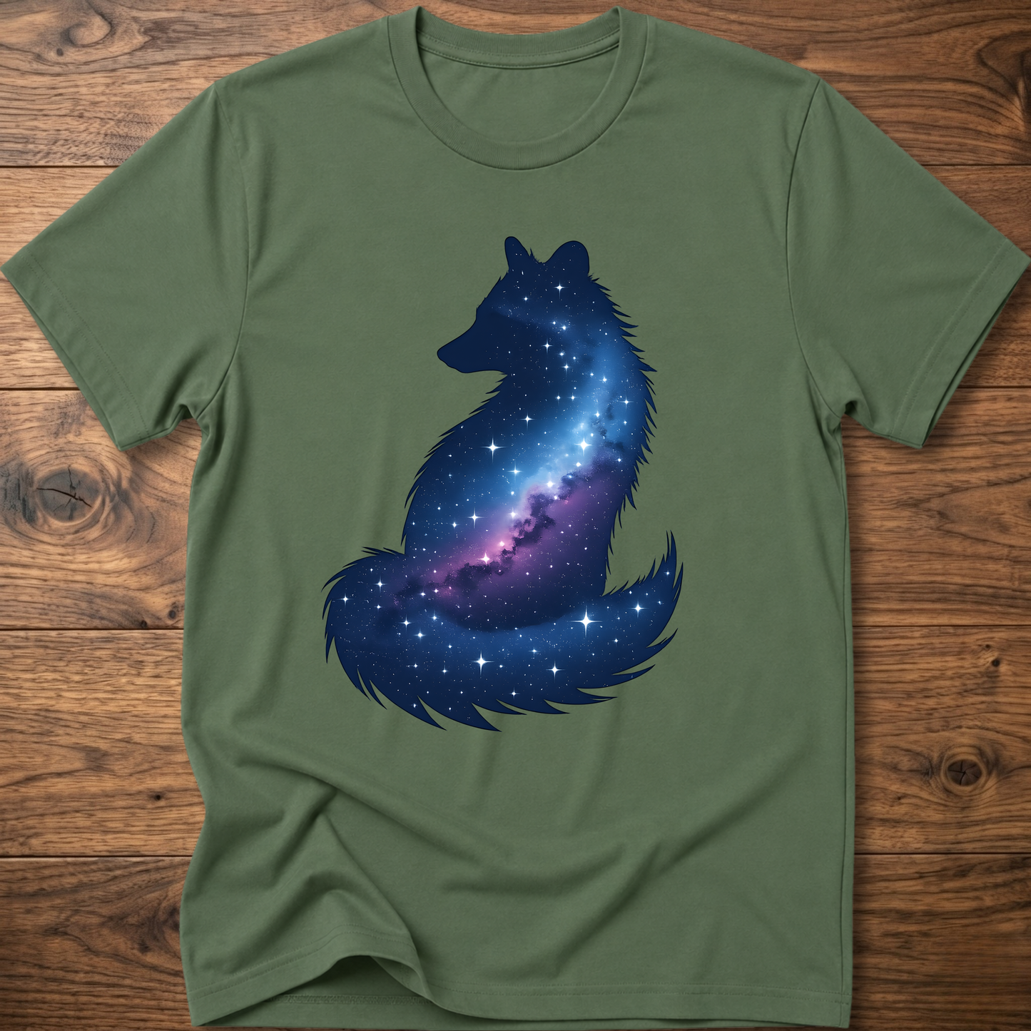 Olive green t-shirt with galaxy wolf graphic on front