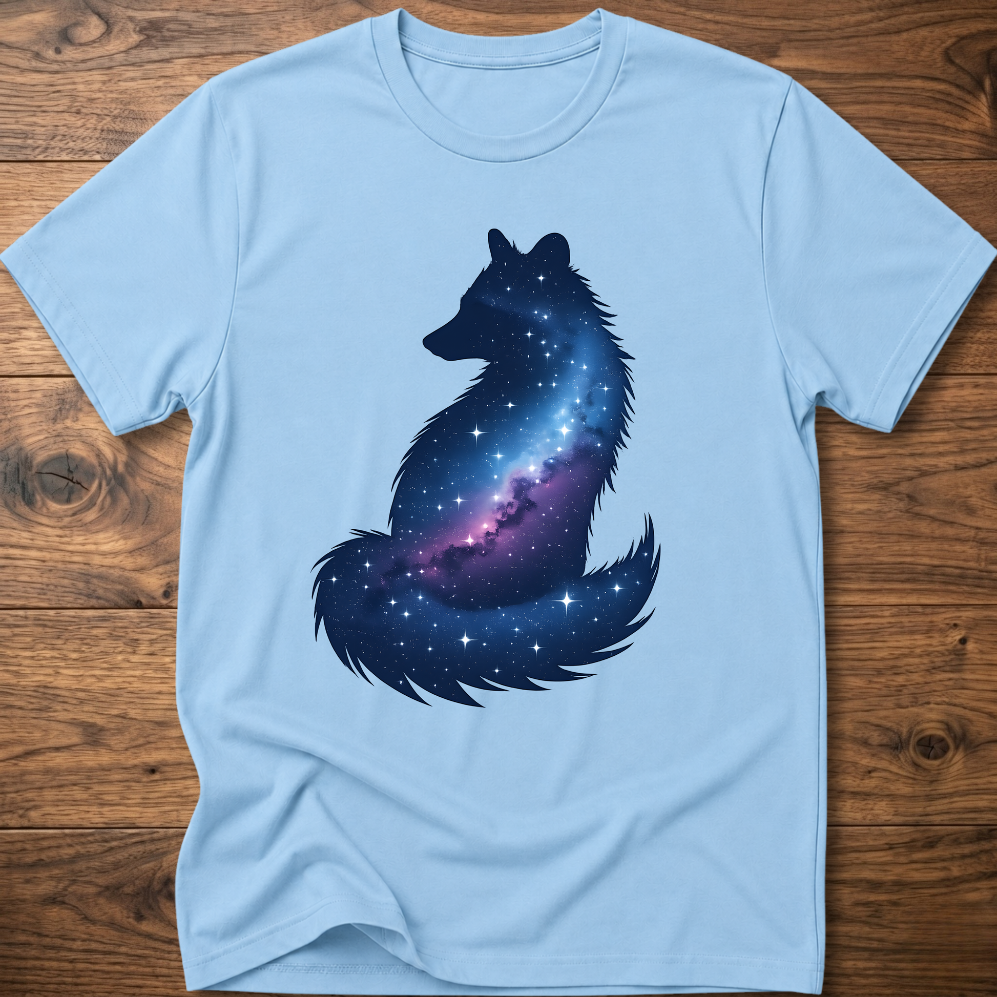 Light blue t-shirt with galaxy wolf graphic on front