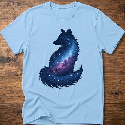 Light blue t-shirt with galaxy wolf graphic on front