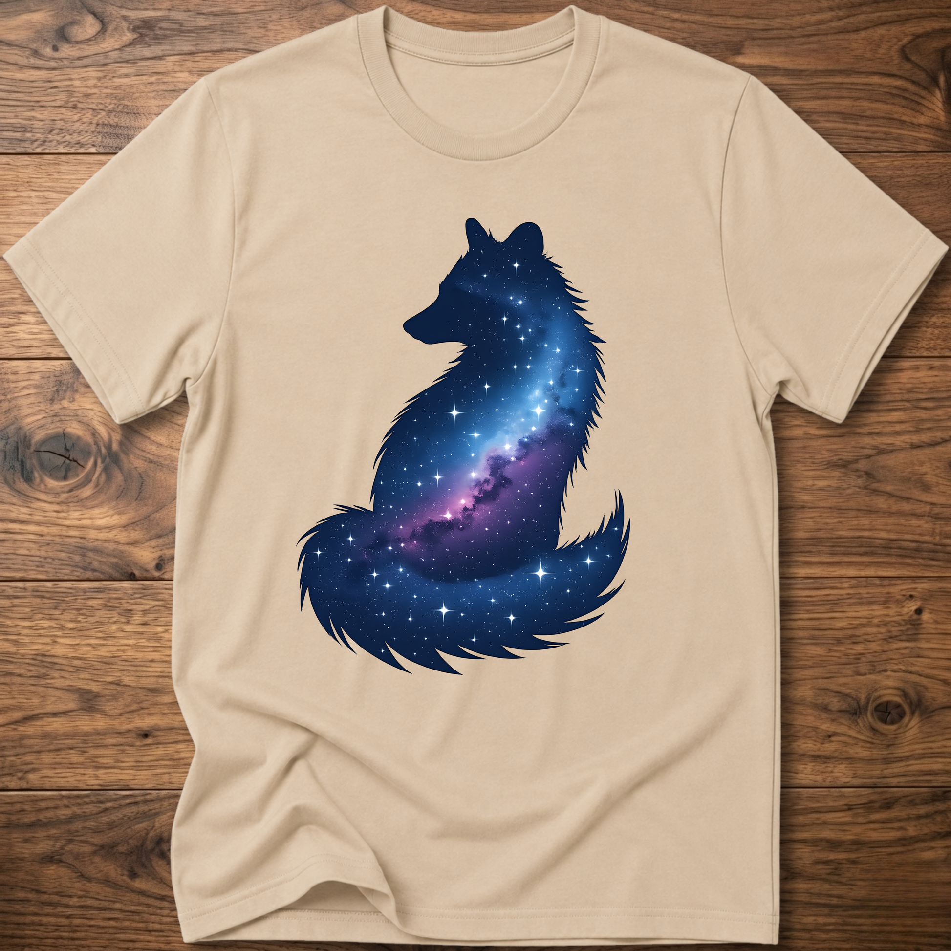 Sand t-shirt with galaxy wolf graphic on front