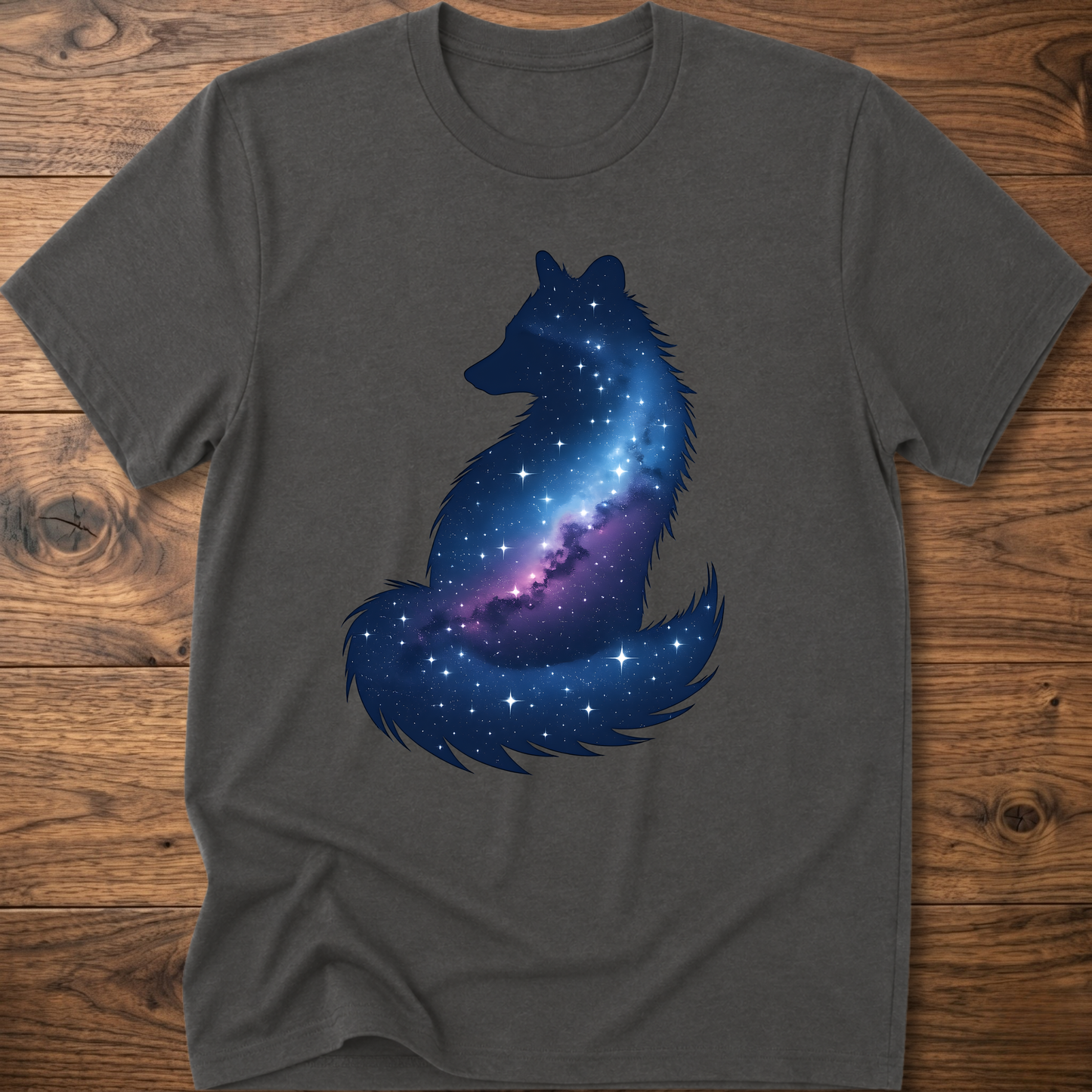 Charcoal gray t-shirt with galaxy wolf graphic on front