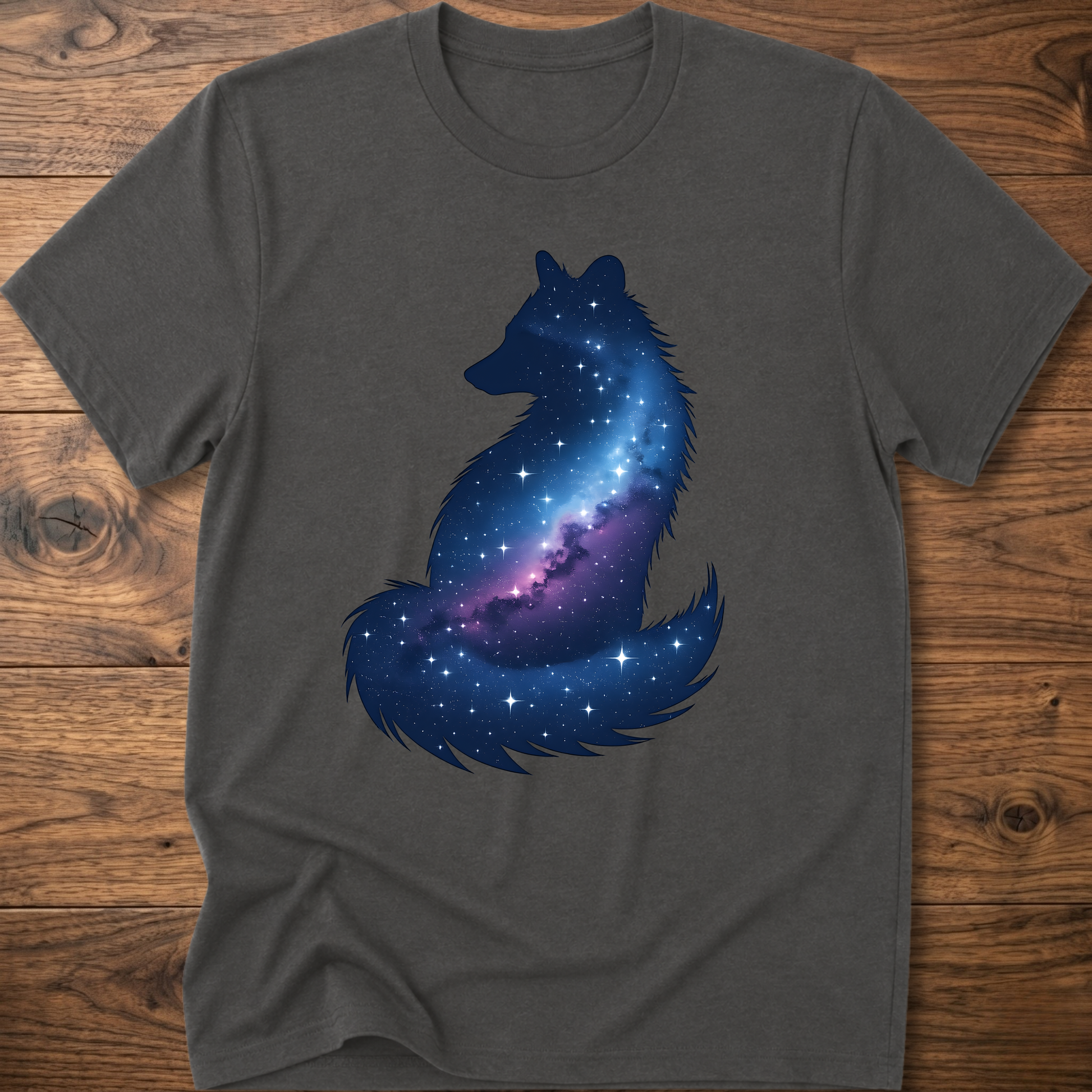 Charcoal gray t-shirt with galaxy wolf graphic on front