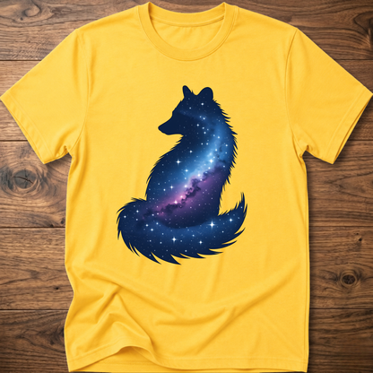 Yellow t-shirt with galaxy wolf graphic on front