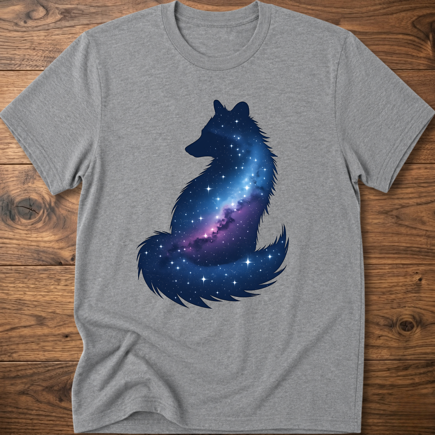 Light heather gray t-shirt with galaxy wolf graphic on front