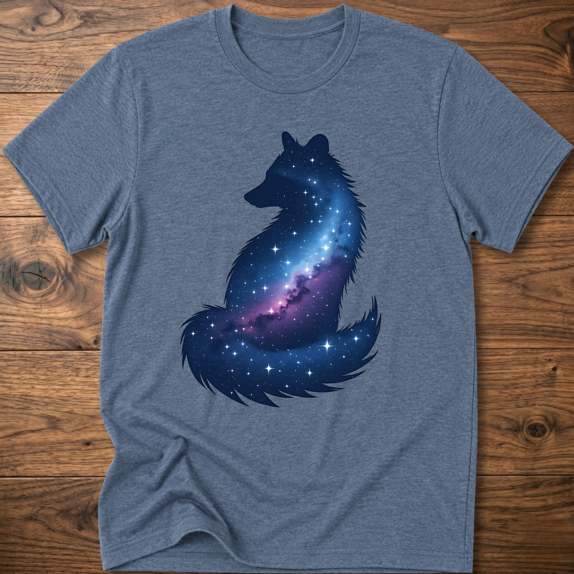 Light blue t-shirt with galaxy wolf graphic on front