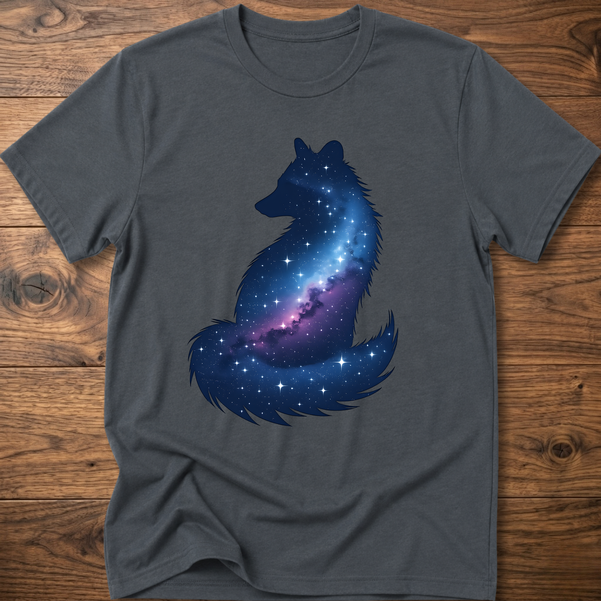 Dark heather gray t-shirt with galaxy wolf graphic on front