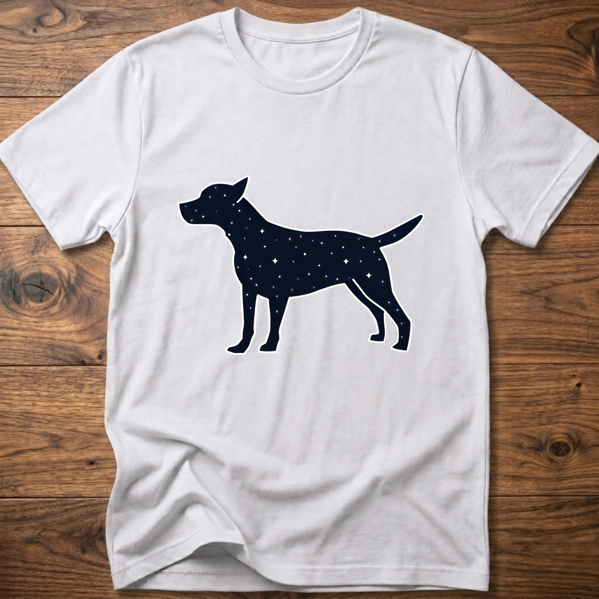 White dog T-shirt with navy starry dog graphic on the front