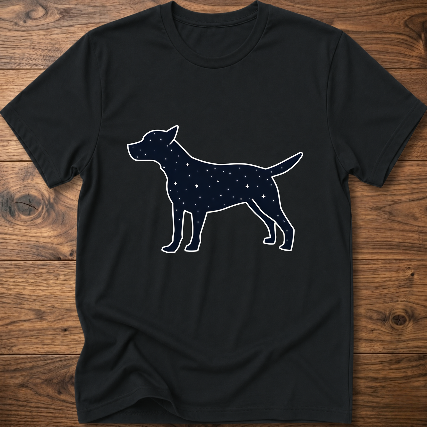 Black dog T-shirt with white starry dog graphic on the front