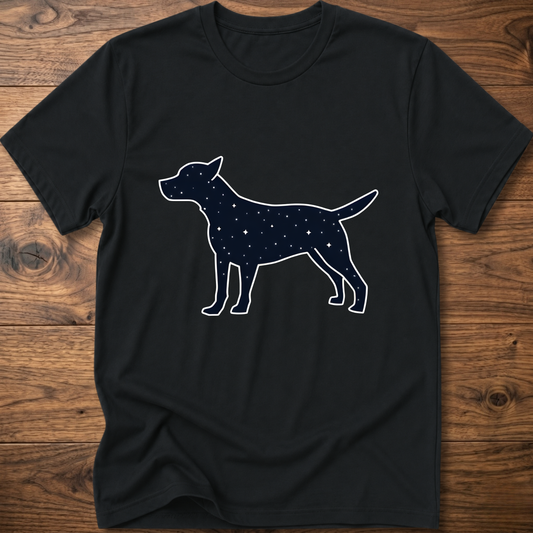 Black dog T-shirt with white starry dog graphic on the front
