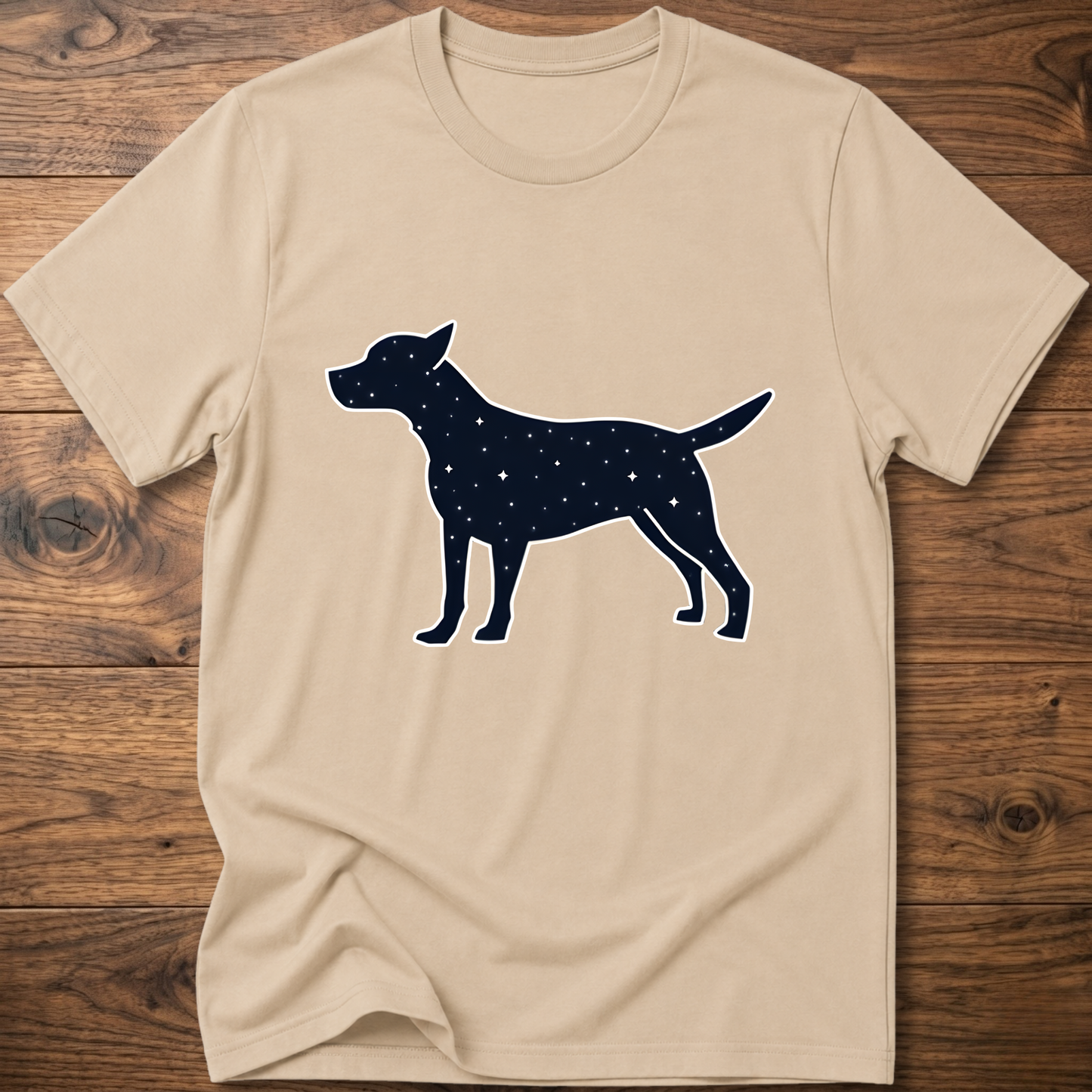 Beige dog T-shirt with navy starry dog graphic on the front