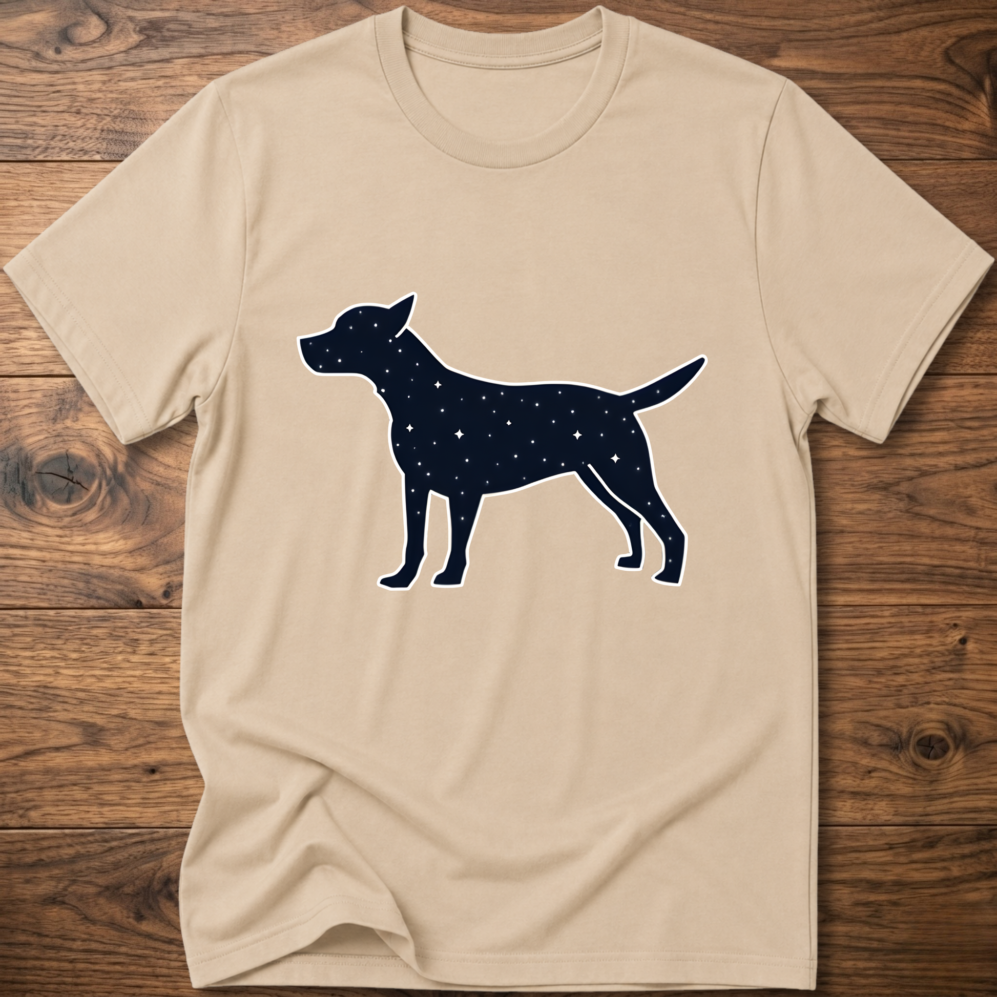 Beige dog T-shirt with navy starry dog graphic on the front