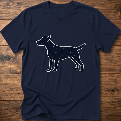 Navy dog T-shirt with white outlined navy starry dog graphic on the front