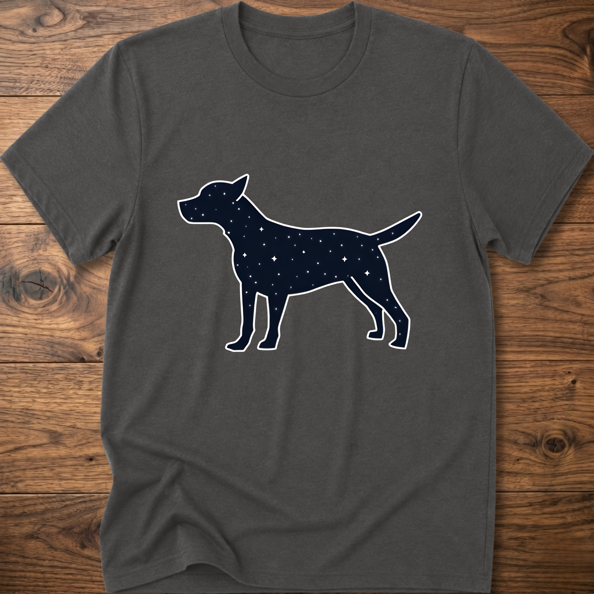 Dark gray dog T-shirt with white outlined navy starry dog graphic