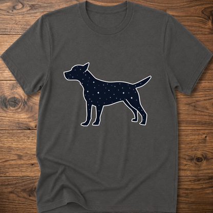 Dark gray dog T-shirt with white outlined navy starry dog graphic