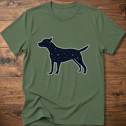 Olive green dog T-shirt with white outlined navy starry dog graphic
